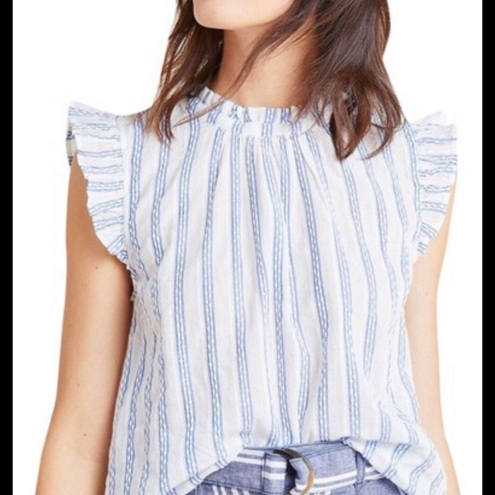 Isabella Sinclair Linen Summer Top Flutter Sleeves Blue White Stripe Tank Small